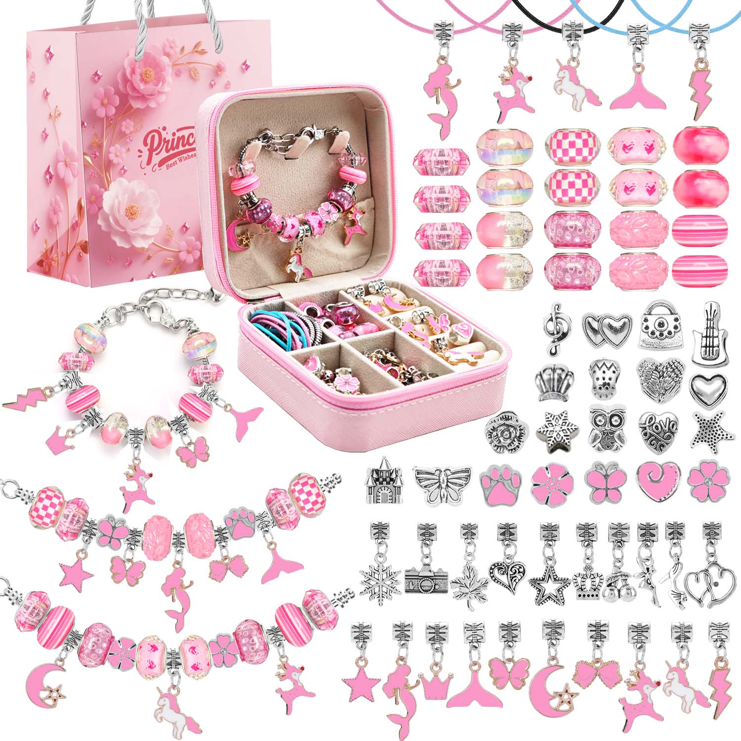 Jewelry Making Diy Kit - 68pcs pink beaded jewelry set, charm